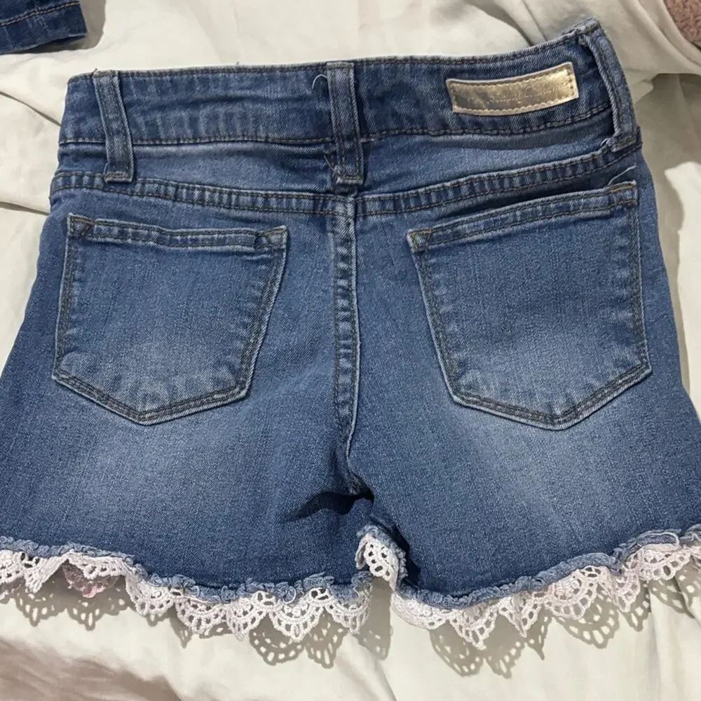 Tommy Bahama 7 Kids Denim Shorts Set lace trim stretch euc